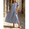 image:imageCHARTOU Women Gingham Maxi Shirt Dress Causal Buttoned Short Sleeve Summer Plaid DressNavy