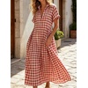 image:imageCHARTOU Women Gingham Maxi Shirt Dress Causal Buttoned Short Sleeve Summer Plaid DressRed
