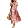 image:imageCHARTOU Women Gingham Maxi Shirt Dress Causal Buttoned Short Sleeve Summer Plaid DressRed