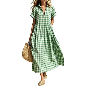 image:imageCHARTOU Women Gingham Maxi Shirt Dress Causal Buttoned Short Sleeve Summer Plaid DressGreen