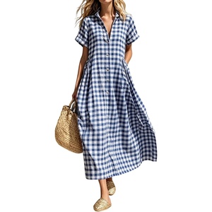 image:imageCHARTOU Women Gingham Maxi Shirt Dress Causal Buttoned Short Sleeve Summer Plaid DressNavy