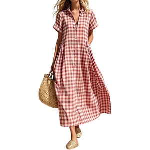 image:imageCHARTOU Women Gingham Maxi Shirt Dress Causal Buttoned Short Sleeve Summer Plaid DressRed
