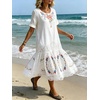 image:imageCHARTOU Womens Lace Eyelet Tshirt Dress Short Sleeve Floral Loose Tunic Midi DressWhite