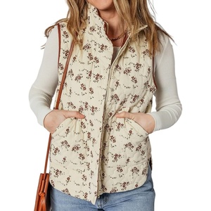image:imageCHARTOU Women Floral Quilted Jacket Coat Stand Collar Zip Up Snap Button Outerwear Puffer Vests TopsBeige