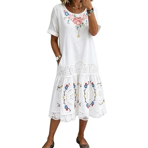 image:imageCHARTOU Womens Lace Eyelet Tshirt Dress Short Sleeve Floral Loose Tunic Midi DressWhite