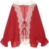 image:imageCHARTOU Women Lace Trim Chiffon Blouse Tie Front Loose Casual Flowy Boho Shirt TopsRed