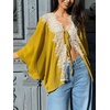 image:imageCHARTOU Women Lace Trim Chiffon Blouse Tie Front Loose Casual Flowy Boho Shirt TopsYellow