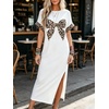 image:imageCHARTOU Women Summer Maxi Dress Leopard Bow Cap Short Sleeve Side Slit Loose TShirt Dress with PocketsWhite