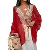 image:imageCHARTOU Women Lace Trim Chiffon Blouse Tie Front Loose Casual Flowy Boho Shirt TopsRed