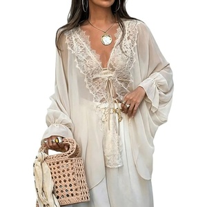 image:imageCHARTOU Women Lace Trim Chiffon Blouse Tie Front Loose Casual Flowy Boho Shirt TopsBeige