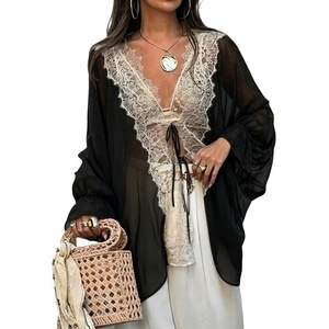 image:imageCHARTOU Women Lace Trim Chiffon Blouse Tie Front Loose Casual Flowy Boho Shirt TopsBlack