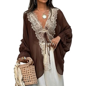 image:imageCHARTOU Women Lace Trim Chiffon Blouse Tie Front Loose Casual Flowy Boho Shirt TopsBrown