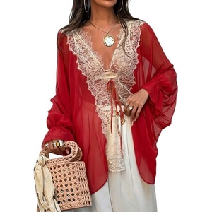 image:imageCHARTOU Women Lace Trim Chiffon Blouse Tie Front Loose Casual Flowy Boho Shirt TopsRed