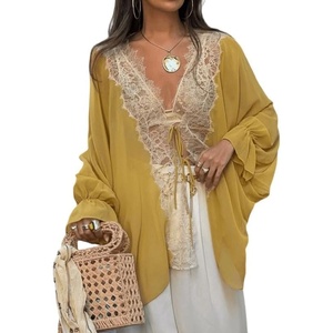 image:imageCHARTOU Women Lace Trim Chiffon Blouse Tie Front Loose Casual Flowy Boho Shirt TopsYellow