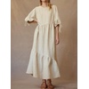 image:imageCHARTOU Women Cotton Linen Maxi Dress Puff Half Sleeve Tie Back Tiered Casual Loose Fit Flowy Summer DressBeige