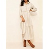 image:imageCHARTOU Women Denim Midi Dress Collared Half Button 34 Balloon Sleeve Frayed Tiered Dress with PocketsBeige