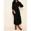 image:imageCHARTOU Women Denim Midi Dress Collared Half Button 34 Balloon Sleeve Frayed Tiered Dress with PocketsBlack