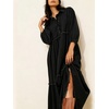 image:imageCHARTOU Women Denim Midi Dress Collared Half Button 34 Balloon Sleeve Frayed Tiered Dress with PocketsBlack