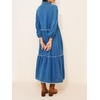 image:imageCHARTOU Women Denim Midi Dress Collared Half Button 34 Balloon Sleeve Frayed Tiered Dress with PocketsBlue