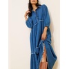 image:imageCHARTOU Women Denim Midi Dress Collared Half Button 34 Balloon Sleeve Frayed Tiered Dress with PocketsBlue
