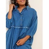 image:imageCHARTOU Women Denim Midi Dress Collared Half Button 34 Balloon Sleeve Frayed Tiered Dress with PocketsBlue
