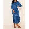 image:imageCHARTOU Women Denim Midi Dress Collared Half Button 34 Balloon Sleeve Frayed Tiered Dress with PocketsBlue