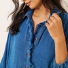 image:imageCHARTOU Women Denim Midi Dress Collared Half Button 34 Balloon Sleeve Frayed Tiered Dress with PocketsBlue