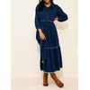 image:imageCHARTOU Women Denim Midi Dress Collared Half Button 34 Balloon Sleeve Frayed Tiered Dress with PocketsDark Blue