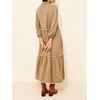 image:imageCHARTOU Women Denim Midi Dress Collared Half Button 34 Balloon Sleeve Frayed Tiered Dress with PocketsKhaki