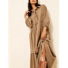 image:imageCHARTOU Women Denim Midi Dress Collared Half Button 34 Balloon Sleeve Frayed Tiered Dress with PocketsKhaki