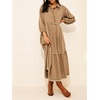 image:imageCHARTOU Women Denim Midi Dress Collared Half Button 34 Balloon Sleeve Frayed Tiered Dress with PocketsKhaki