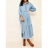 image:imageCHARTOU Women Denim Midi Dress Collared Half Button 34 Balloon Sleeve Frayed Tiered Dress with PocketsLight Blue