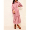 image:imageCHARTOU Women Denim Midi Dress Collared Half Button 34 Balloon Sleeve Frayed Tiered Dress with PocketsPink