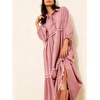 image:imageCHARTOU Women Denim Midi Dress Collared Half Button 34 Balloon Sleeve Frayed Tiered Dress with PocketsPink