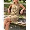 image:imageCHARTOU Women Leopard Denim Mini Dress Summer Sleeveless Button Shift Dress with PocketKhaki