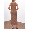 image:imageCHARTOU Women Sleeveless Stripes Printed Tank Long Dress U Neck Buttons Slit Bodycon Summer Pencil DressCaramel