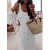 image:imageCHARTOU Women Sleeveless Stripes Printed Tank Long Dress U Neck Buttons Slit Bodycon Summer Pencil DressWhite
