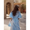 image:imageCHARTOU Women Summer Deep V Neck Maxi Dress Puff Sleeve Side Bow Tie A Line Vacation DressBlue