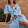 image:imageCHARTOU Women Summer Deep V Neck Maxi Dress Puff Sleeve Side Bow Tie A Line Vacation DressBlue