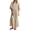 image:imageCHARTOU Women Cotton Linen Maxi Dress Puff Half Sleeve Tie Back Tiered Casual Loose Fit Flowy Summer DressBeige
