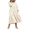 image:imageCHARTOU Women Denim Midi Dress Collared Half Button 34 Balloon Sleeve Frayed Tiered Dress with PocketsBeige