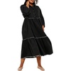 image:imageCHARTOU Women Denim Midi Dress Collared Half Button 34 Balloon Sleeve Frayed Tiered Dress with PocketsBlack