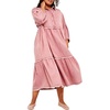 image:imageCHARTOU Women Denim Midi Dress Collared Half Button 34 Balloon Sleeve Frayed Tiered Dress with PocketsPink