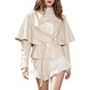 image:imageCHARTOU Women Faux Leather Crop Jacket High Collar Long Sleeve Double Breasted Cape CoatBeige