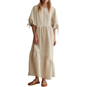 image:imageCHARTOU Women Cotton Linen Maxi Dress Puff Half Sleeve Tie Back Tiered Casual Loose Fit Flowy Summer DressBeige