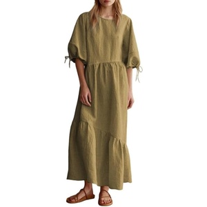 image:imageCHARTOU Women Cotton Linen Maxi Dress Puff Half Sleeve Tie Back Tiered Casual Loose Fit Flowy Summer DressGreen