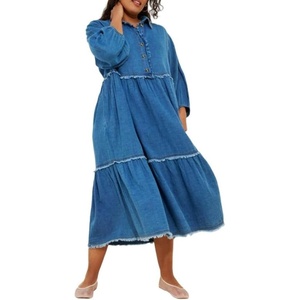 image:imageCHARTOU Women Denim Midi Dress Collared Half Button 34 Balloon Sleeve Frayed Tiered Dress with PocketsBlue