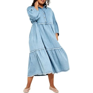 image:imageCHARTOU Women Denim Midi Dress Collared Half Button 34 Balloon Sleeve Frayed Tiered Dress with PocketsLight Blue