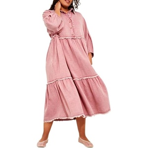 image:imageCHARTOU Women Denim Midi Dress Collared Half Button 34 Balloon Sleeve Frayed Tiered Dress with PocketsPink