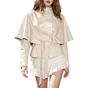 image:imageCHARTOU Women Faux Leather Crop Jacket High Collar Long Sleeve Double Breasted Cape CoatBeige